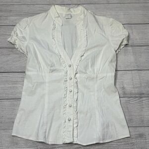 MadRag Vintage White Ruffle V-Neck Button Shirt Office Siren Coquette USA Large